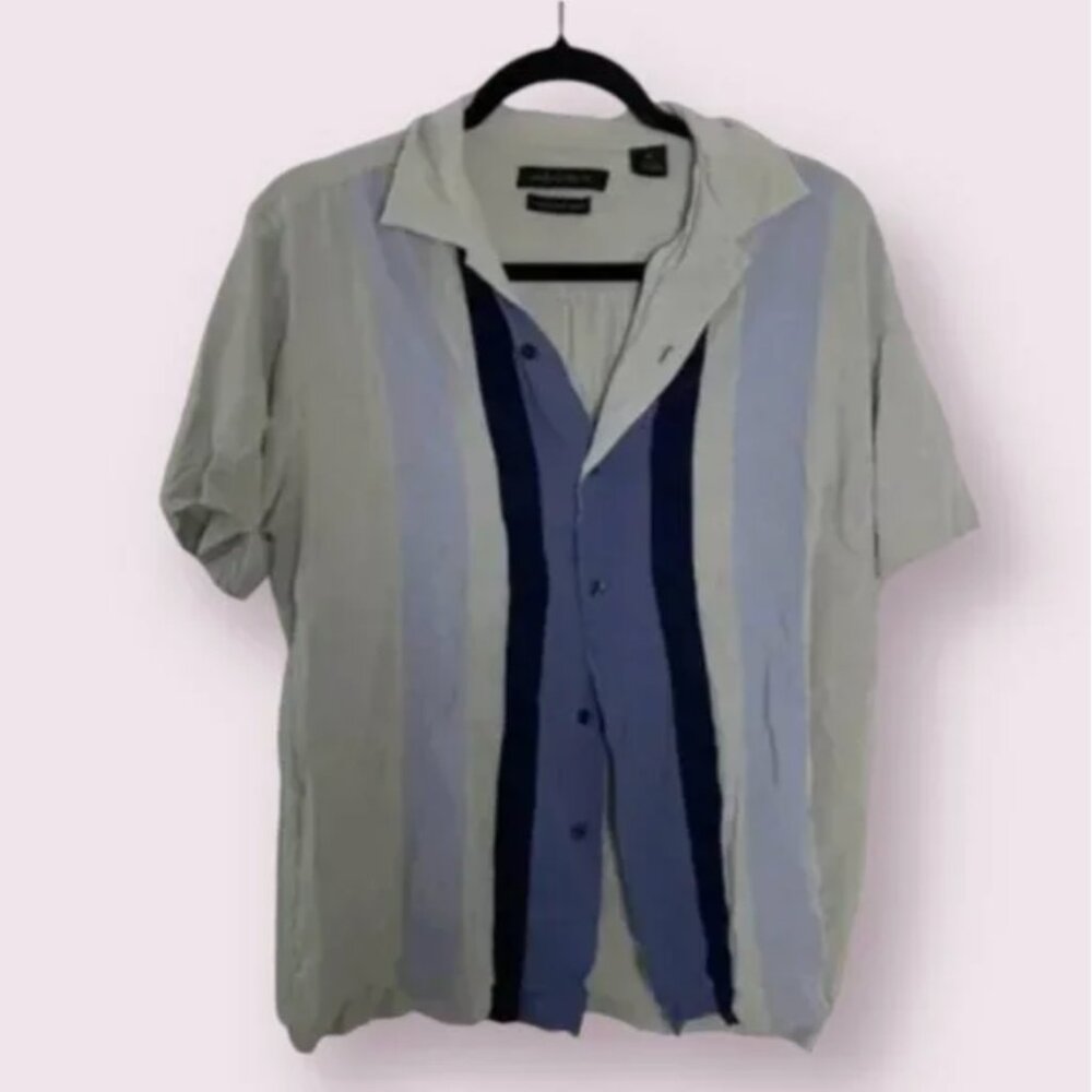 Striped Button Pin Bowling Vintage Modern Trendy Hip Artsy Art Silk Blouse Top
